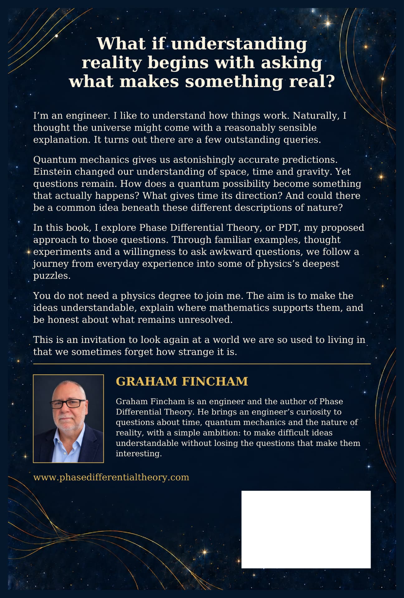 Rear cover of Phase Differential Theory, with the book description and Graham Fincham’s author biography